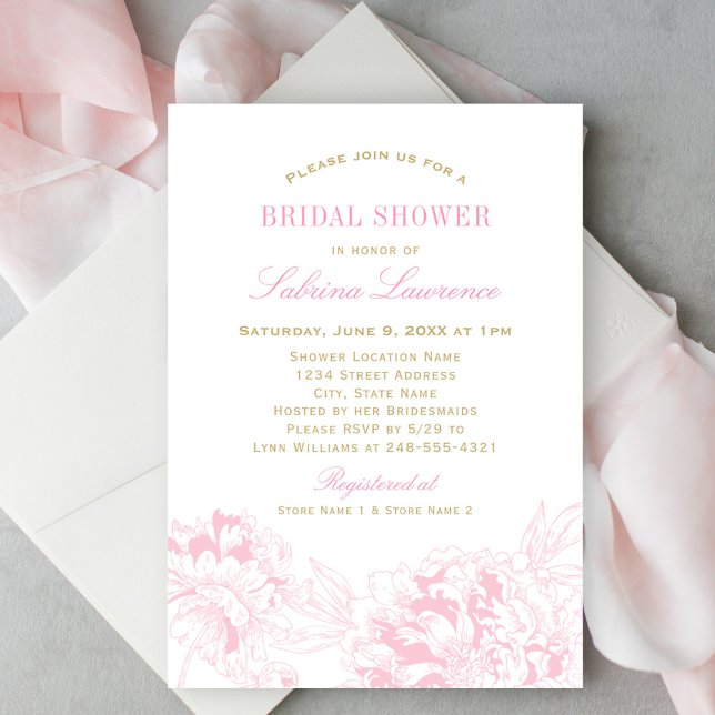 Elegant Pink Peony Sketch Gold Wedding Shower Invitation (Creator Uploaded)