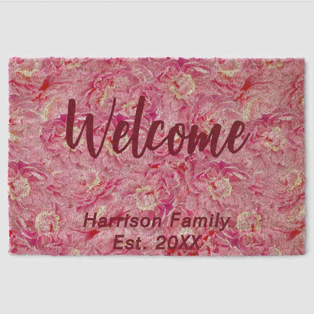Elegant Pink Peony Stylish Calligraphy Monogram  Fiber Doormat (Front)