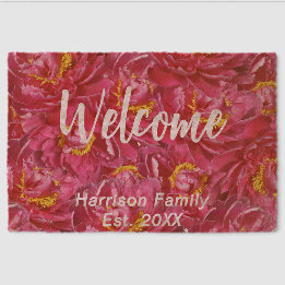 Elegant Pink Peony Stylish Calligraphy Monogram Fiber Doormat