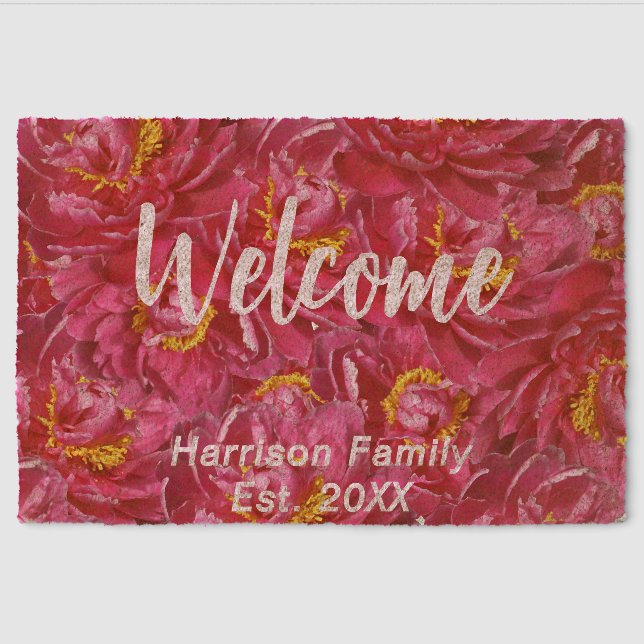 Elegant Pink Peony Stylish Calligraphy Monogram Fiber Doormat (Front)