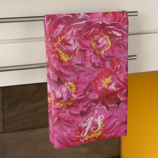 Elegant Pink Peony Stylish Calligraphy Monogram Kitchen Towel (Creator Uploaded)