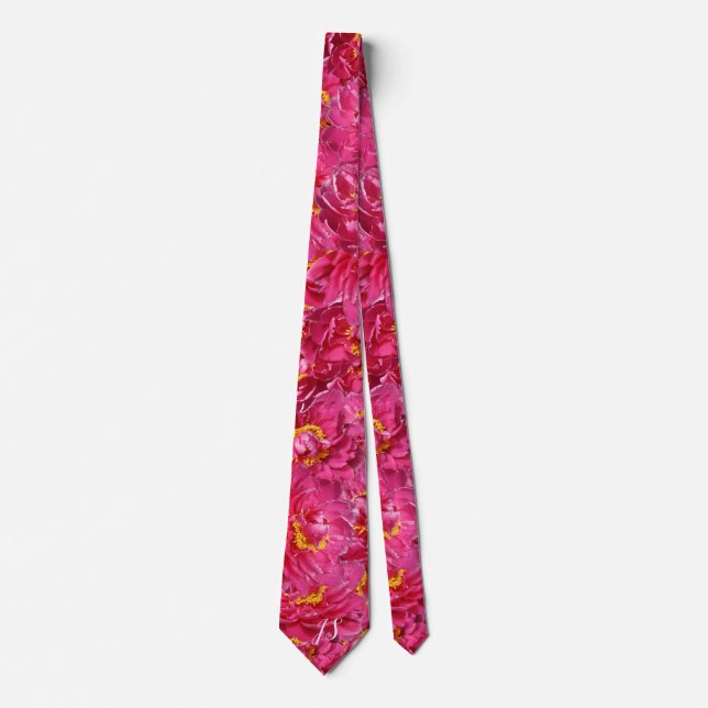Elegant Pink Peony Stylish Calligraphy Monogram Neck Tie (Front)