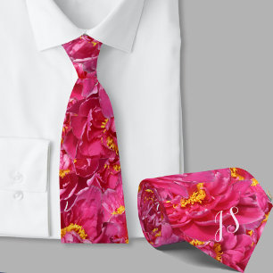 Elegant Pink Peony Stylish Calligraphy Monogram Neck Tie