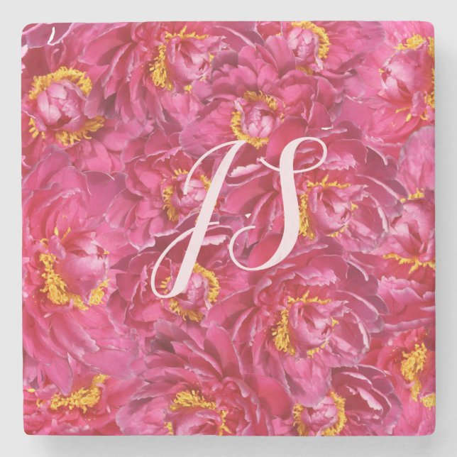 Elegant Pink Peony Stylish Calligraphy Monogram Stone Coaster (Front)
