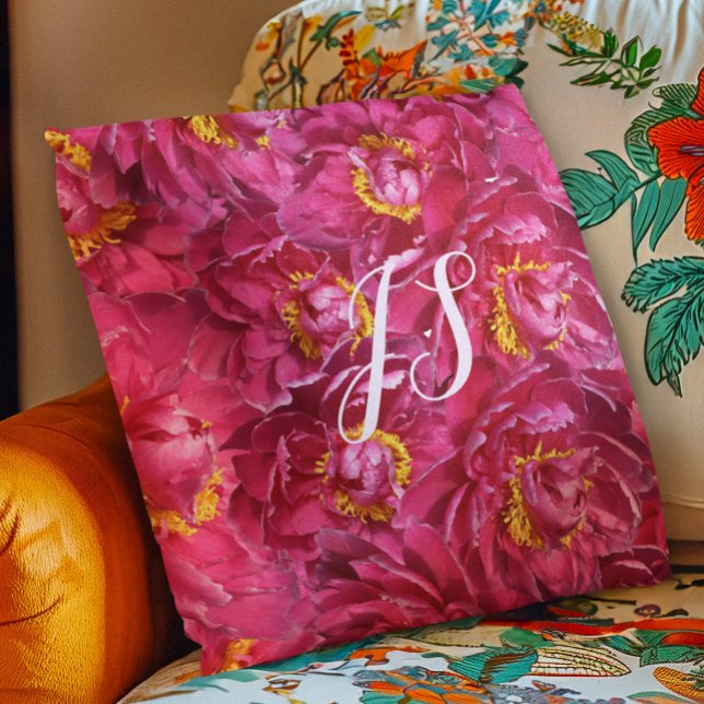 Elegant Pink Peony Stylish Calligraphy Monogram Throw Pillow (Creator Uploaded)
