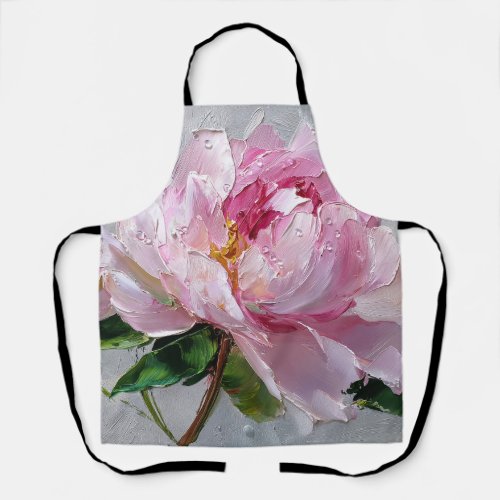 Elegant Pink Peony Thick Impasto Oil Painting  Apron