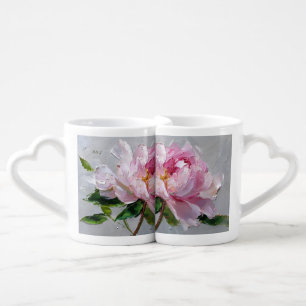 Elegant Pink Peony Thick Impasto Oil Painting Coffee Mug Set