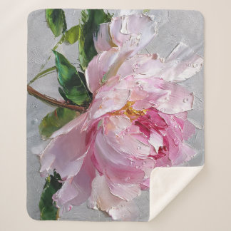 Elegant Pink Peony Thick Impasto Oil Painting  Sherpa Blanket