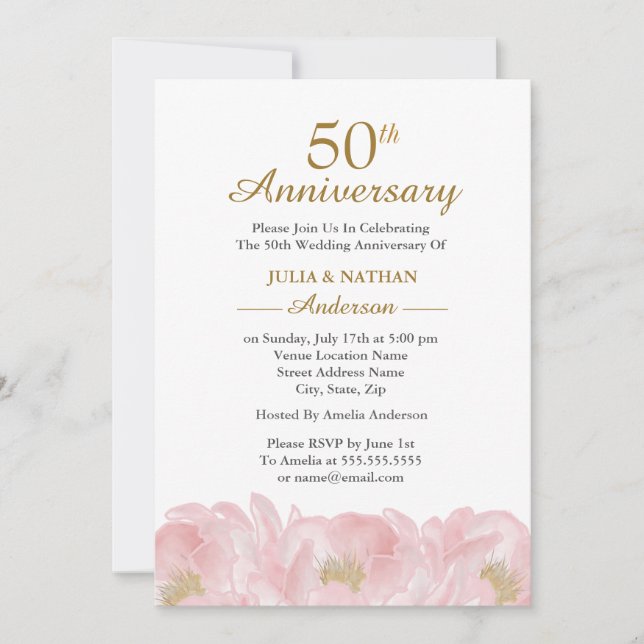 Elegant Pink Peony Wedding Anniversary Invitation (Front)