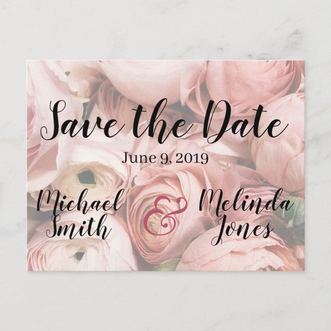 Elegant Pink Peony Wedding Save the Date Postcard (Front)