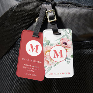 Elegant Pink Peony with Monogram Luggage Tag