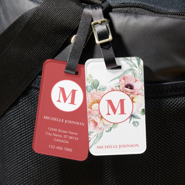 Elegant Pink Peony with Monogram Luggage Tag (Creator Uploaded)
