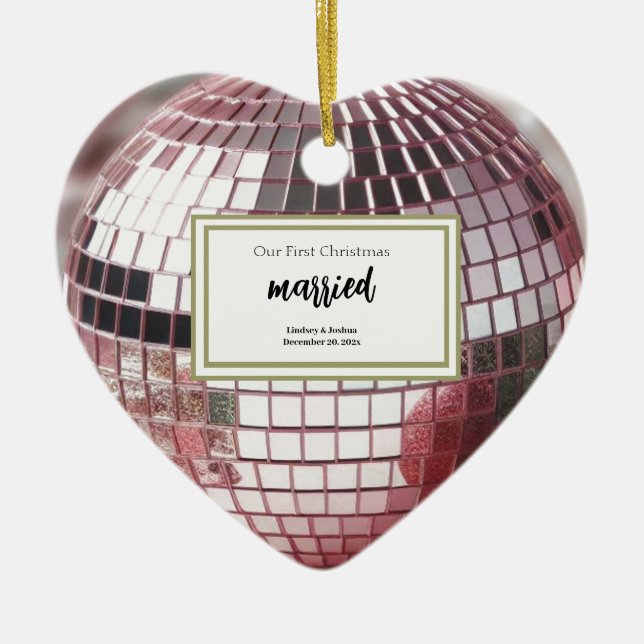 Elegant Pink Personalized First Christmas Newlywed Ceramic Ornament (Front)