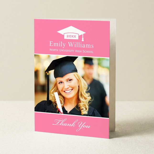 Elegant Pink Personalized Graduation Photo Thank You Card (Creator Uploaded)
