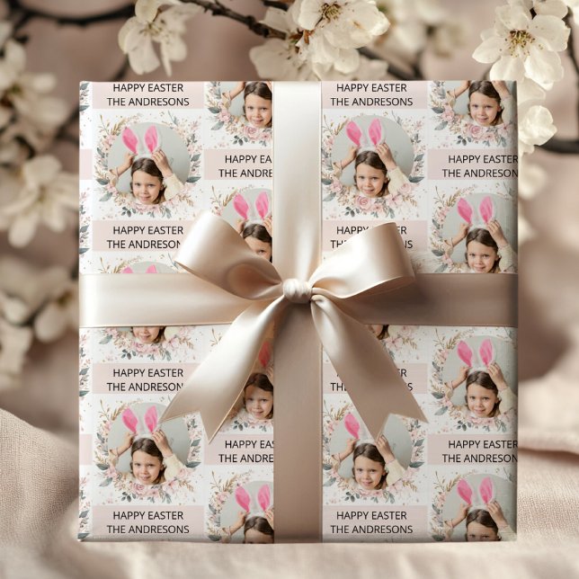 Elegant Pink Personalized Photo Happy Easter Wrapping Paper (Creator Uploaded)