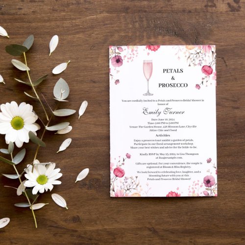 Elegant Pink Petals and Prosecco Bridal Shower Invitation