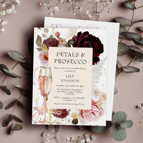 Elegant Pink Petals  Prosecco Bridal Shower Invitation Postcard