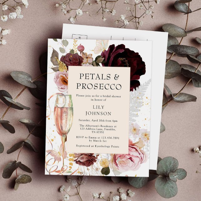Elegant Pink Petals & Prosecco Bridal Shower Invitation Postcard (Creator Uploaded)
