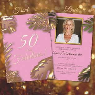 Elegant Pink Photo 50th Fabulous Birthday Gold Foil Invitation