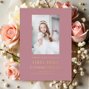 Elegant Pink Photo Girl First Communion Gold Foil Invitation
