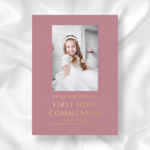 Elegant Pink Photo Girl First Communion Gold Foil Invitation