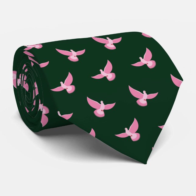 Elegant Pink Pigeon on Dark Green Seamless Pattern Neck Tie (Rolled)