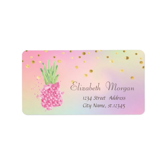 Elegant Pink Pineapple Confetti Holographic Label (Front)