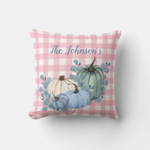 Elegant Pink Plaid Floral Pumpkin Cozy Fall Decor Throw Pillow