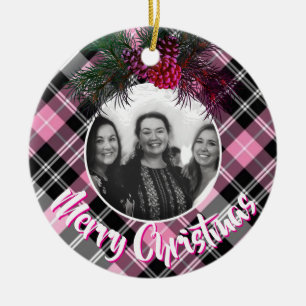 Elegant pink plaid pinecone photo template ceramic ornament