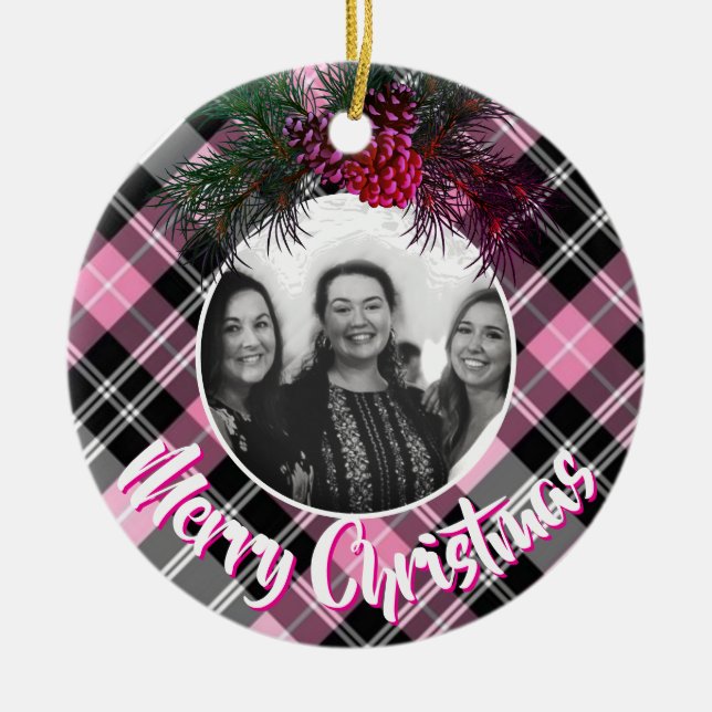 Elegant pink plaid pinecone photo template ceramic ornament (Front)