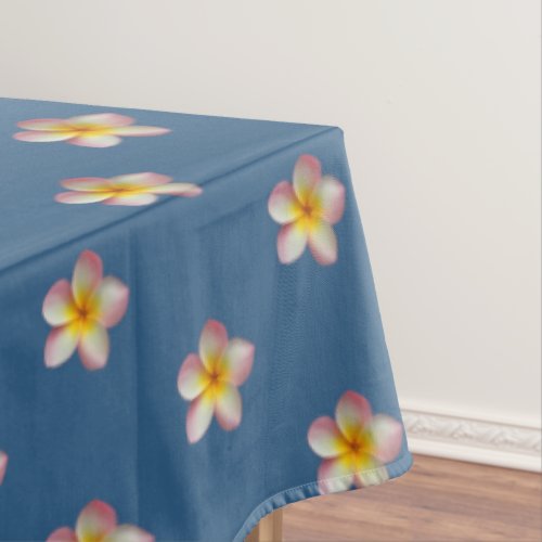 Elegant Pink Plumeria Flowers on Award Blue Tablecloth