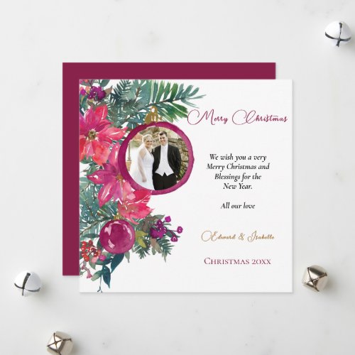 Elegant Pink Poinsettia Christmas Floral Photo Holiday Card