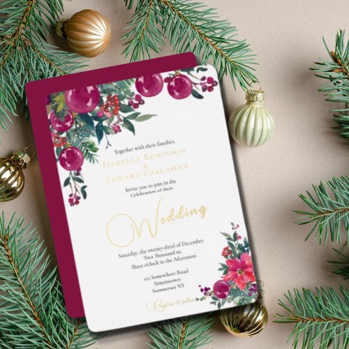 Elegant Pink Poinsettia Christmas Floral Wedding Foil Invitation