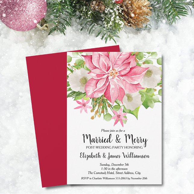 Elegant Pink Poinsettia Christmas Wedding Brunch Invitation (Elegant Pink Poinsettia Christmas Married & Merry Post-Wedding Brunch Invitations)