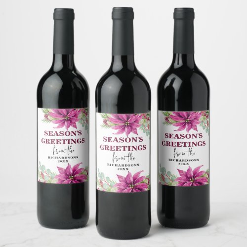 Elegant Pink Poinsettia Custom Name Holiday Party  Wine Label