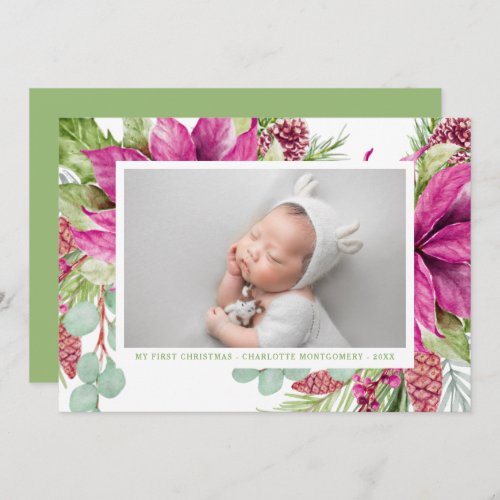 Elegant Pink Poinsettia My First Christmas Photo Holiday Card