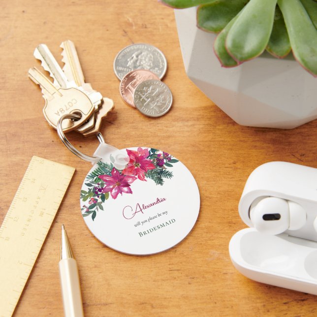 Elegant Pink Poinsettias Christmas Wedding Keychain (Desk)