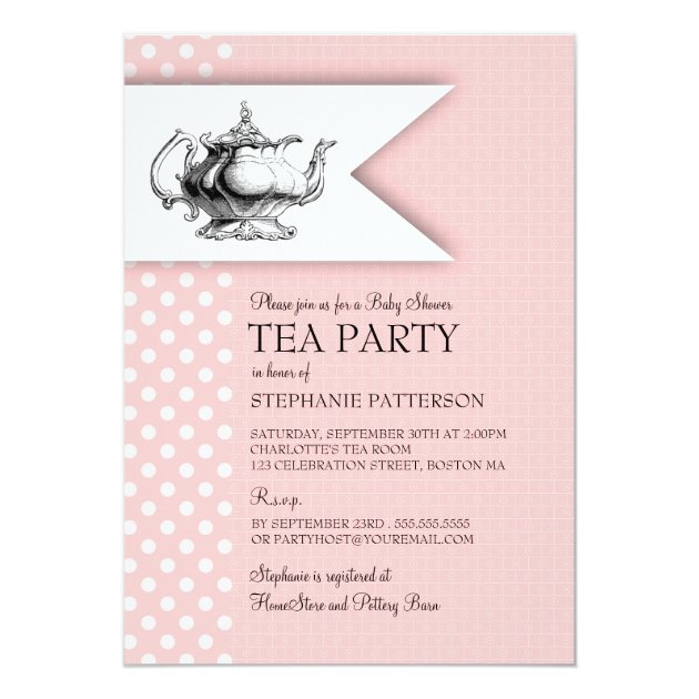 Elegant Pink Polkadot Baby Shower Tea Party Invitation