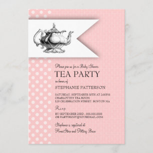 Elegant Pink Polkadot Baby Shower Tea Party Invitation