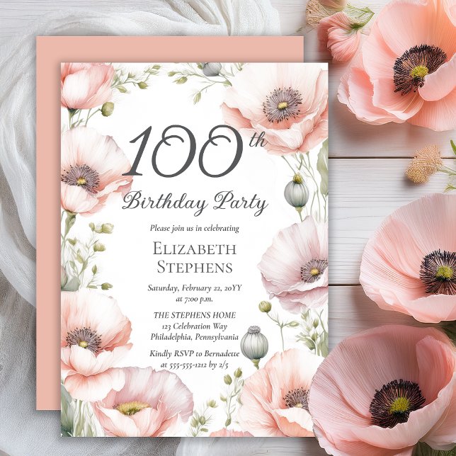 Elegant Pink Poppies Floral 100th Birthday Party Invitation (Boho Elegant Pale Pink Poppies Floral 100th Birthday Party Invitation - Print | Digital Download)