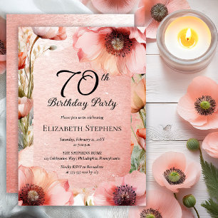 Elegant Pink Poppies Floral 70th Birthday Party Invitation