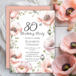Elegant Pink Poppies Floral 80th Birthday Party Invitation