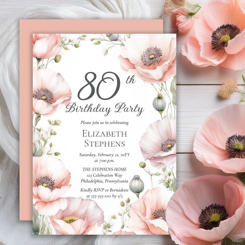 Elegant Pink Poppies Floral 80th Birthday Party