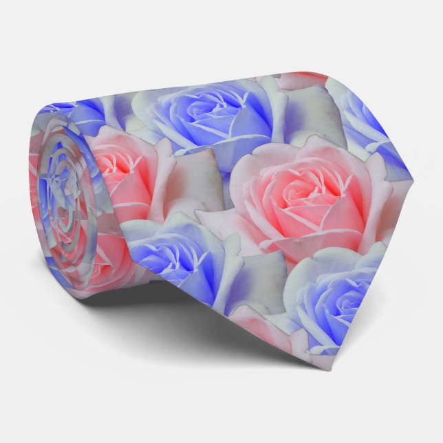 Elegant Pink & Powder Blue Roses Floral Wedding Neck Tie (Rolled)
