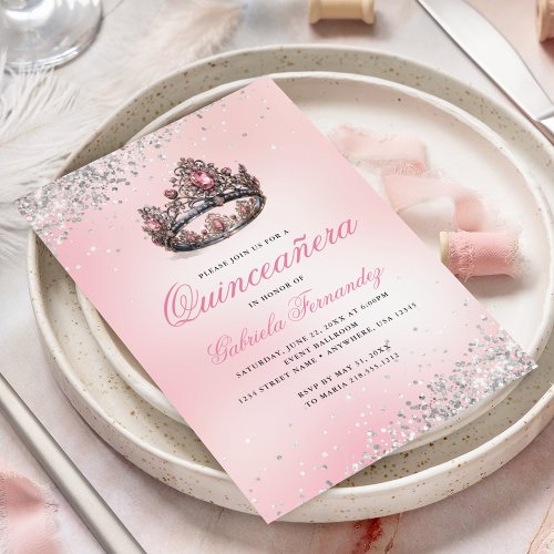Elegant Pink Princess Crown Quinceanera Invitation