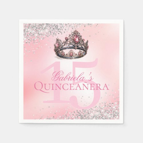 Elegant Pink Princess Crown Quinceanera Napkins