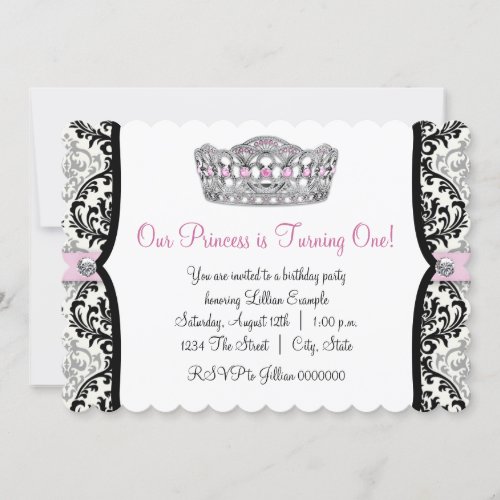 Elegant Pink Princess First Birthday Party Personalized Invites