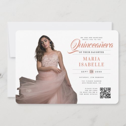 Elegant Pink Princess QR Code Quinceañera Invitation