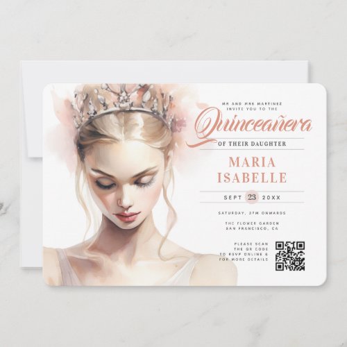 Elegant Pink Princess QR Code Quinceaera Invitation