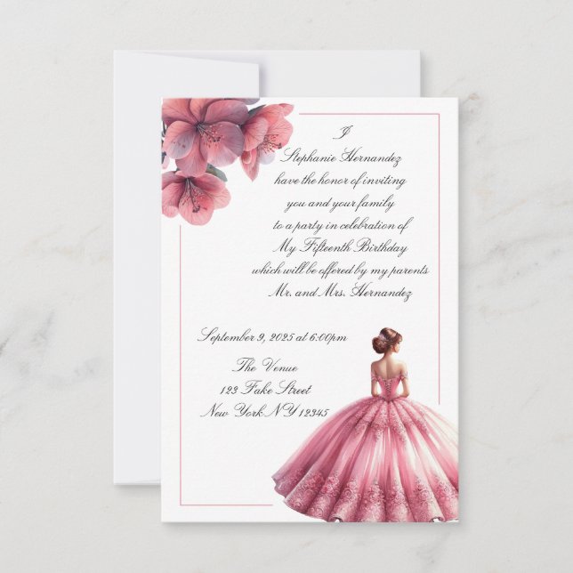Elegant Pink Princess Quinceañera Invitation (Front)